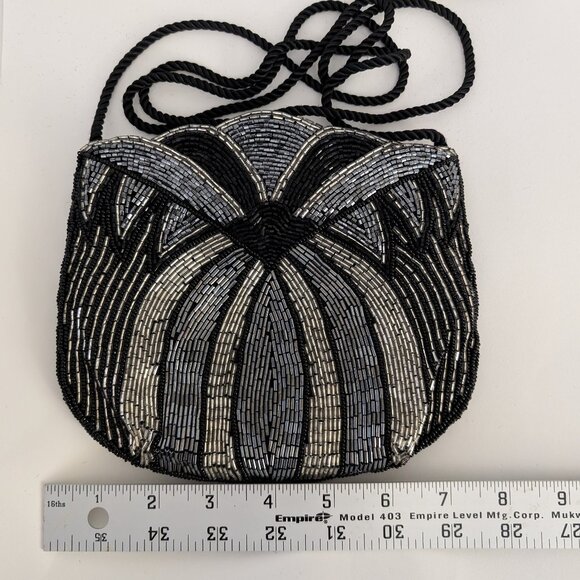 Beaded Evening Bag Purse Art Deco with Rope Strap Black and Silver - 7 1/2 x 7" - Picture 1 of 4